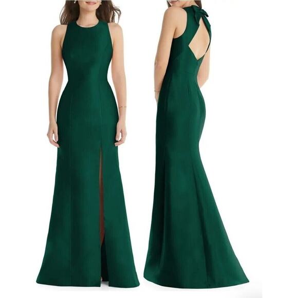 Alfred Sung D824 Hunter Green Jewel Neck Open Back Bow Gown Size 2 - Picture 1 of 16